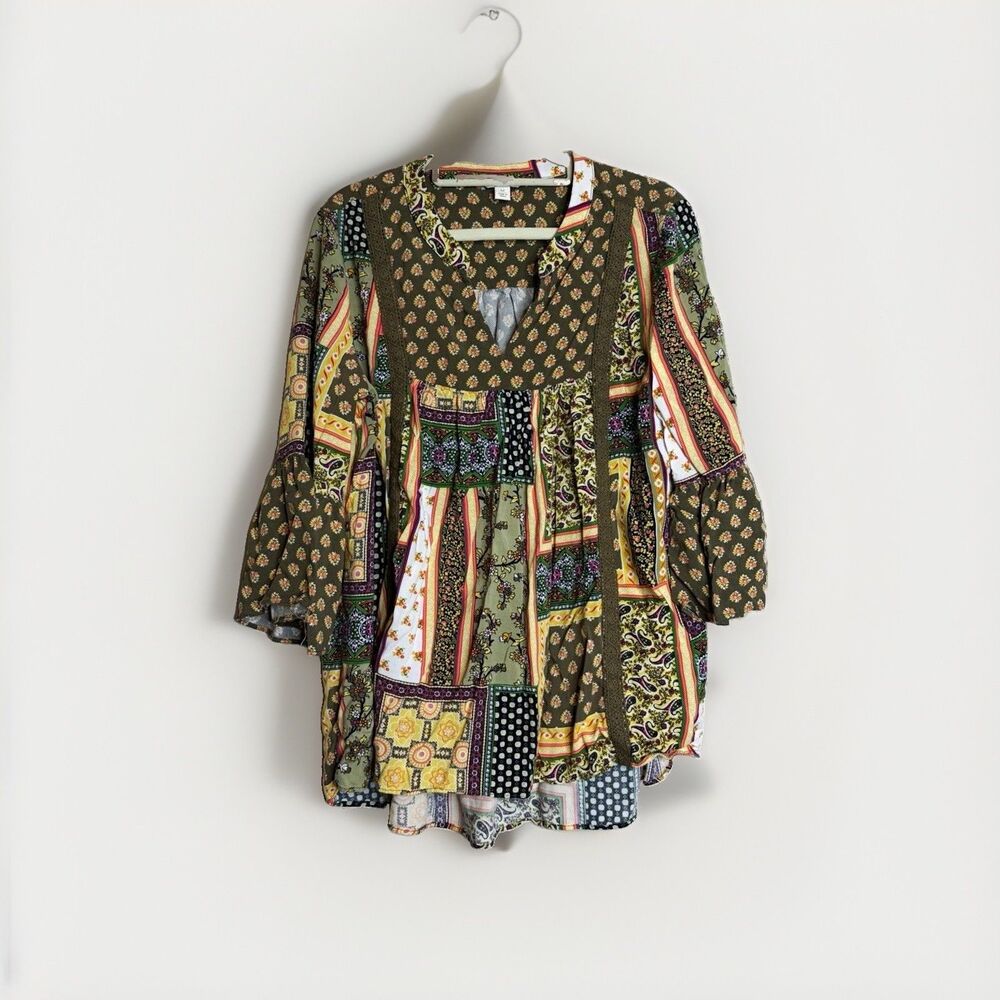EST. 1946 Womens Tunic Blouse M Patchwork Multicolor V-Neck 3/4 Sleeve